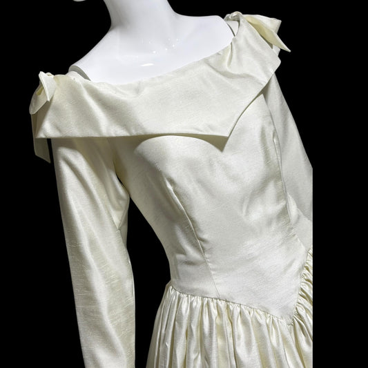 1980s Vintage wedding dress, Custom Made creamy white long sleeves off the shoulder gown