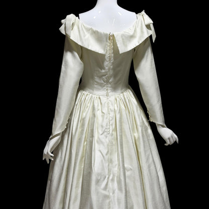 1980s Vintage wedding dress, Custom Made creamy white long sleeves off the shoulder gown