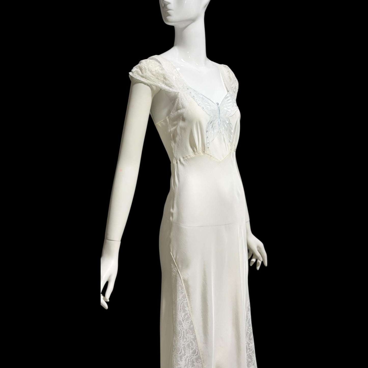 1940s vintage Nightgown slip dress, White Butterfly motif full length lingerie dress