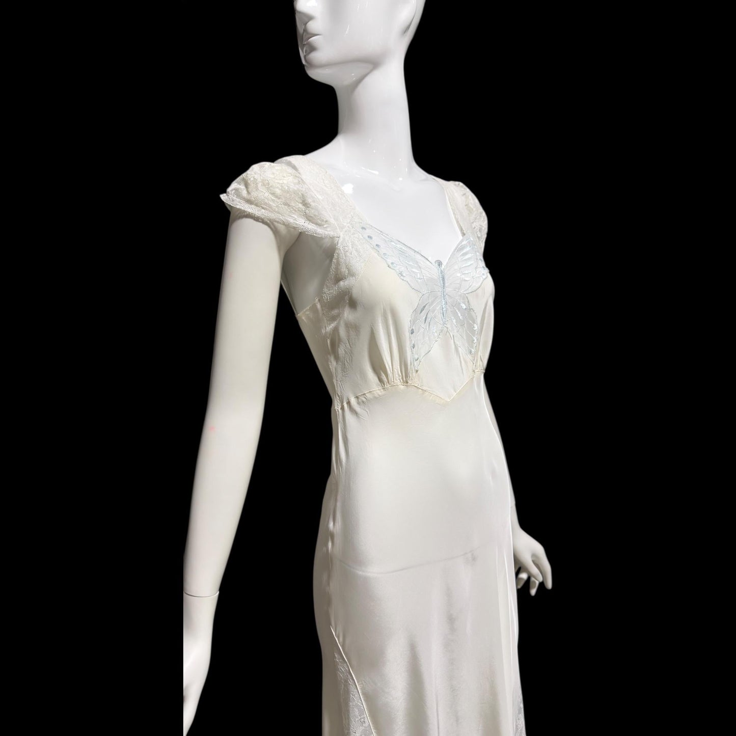 1940s vintage Nightgown slip dress, White Butterfly motif full length lingerie dress