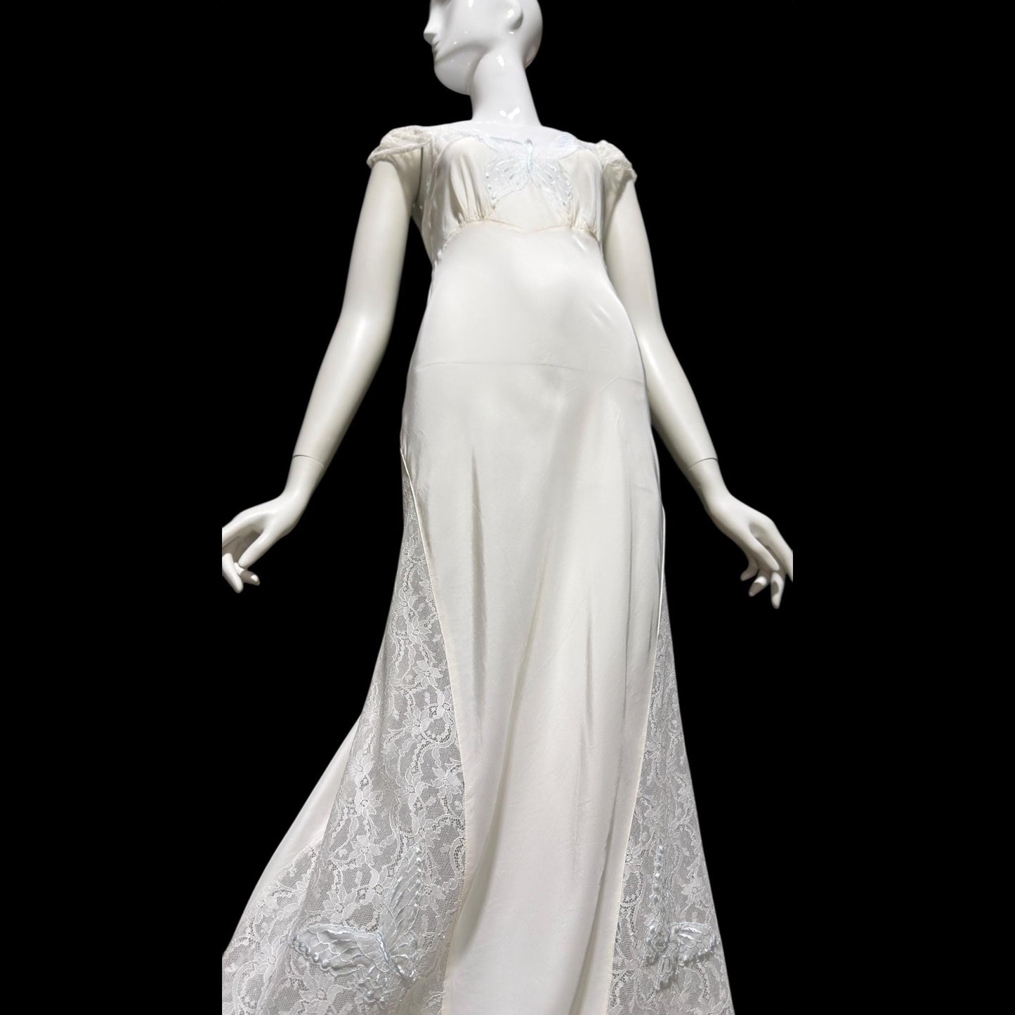 1940s vintage Nightgown slip dress, White Butterfly motif full length lingerie dress