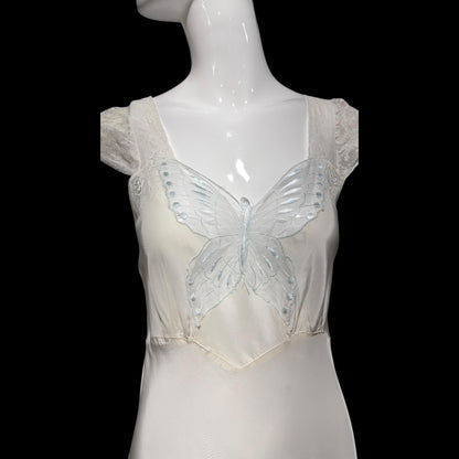 1940s vintage Nightgown slip dress, White Butterfly motif full length lingerie dress