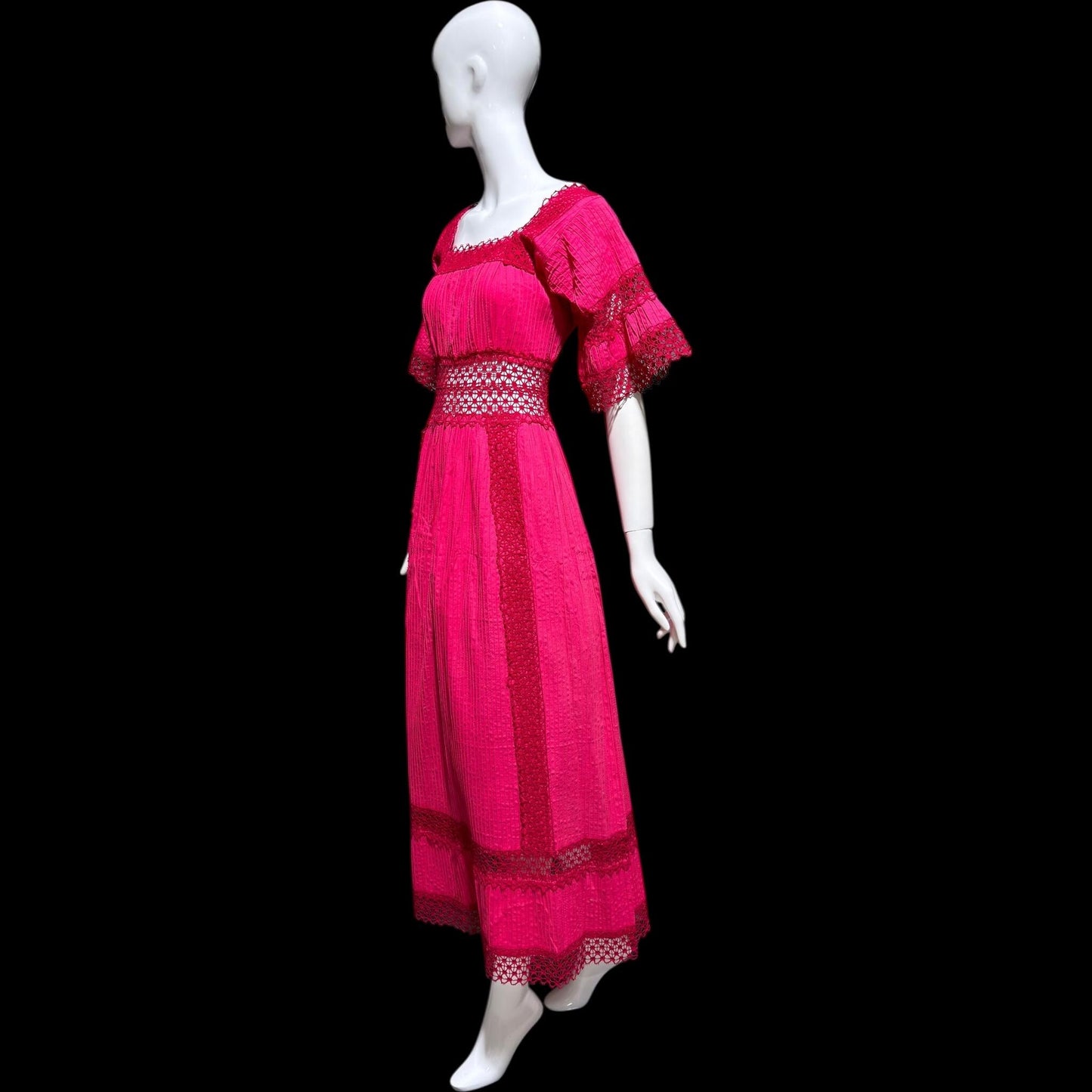 1970s Vintage Mexican evening wedding Dress, Hot Pink cotton crochet maxi dress