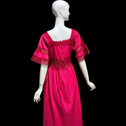 1970s Vintage Mexican evening wedding Dress, Hot Pink cotton crochet maxi dress