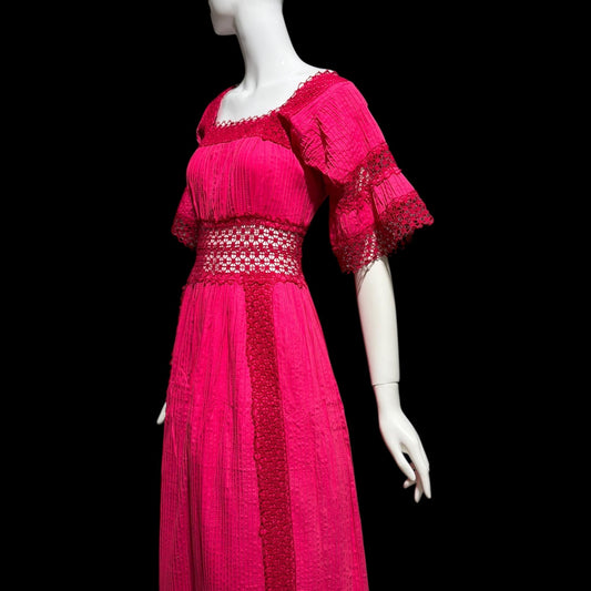 1970s Vintage Mexican evening wedding Dress, Hot Pink cotton crochet maxi dress