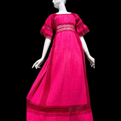 1970s Vintage Mexican evening wedding Dress, Hot Pink cotton crochet maxi dress