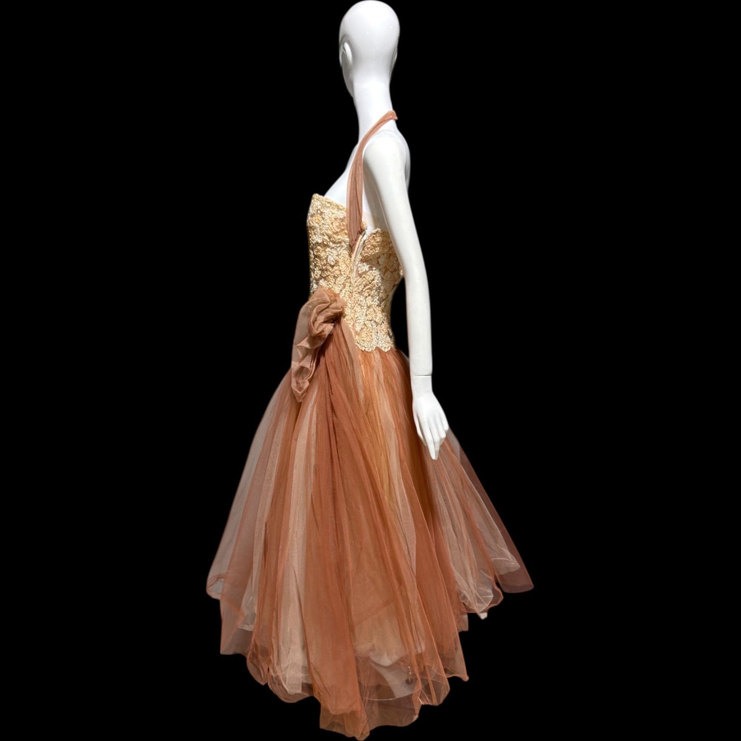 ANNE VERDI Vintage 1950s Designer evening tulle gown, Mocha Lace Cocktail Party Cupcake dress, medium
