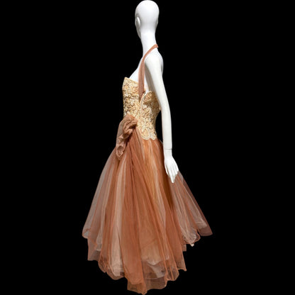 ANNE VERDI Vintage 1950s Designer evening tulle gown, Mocha Lace Cocktail Party Cupcake dress, medium