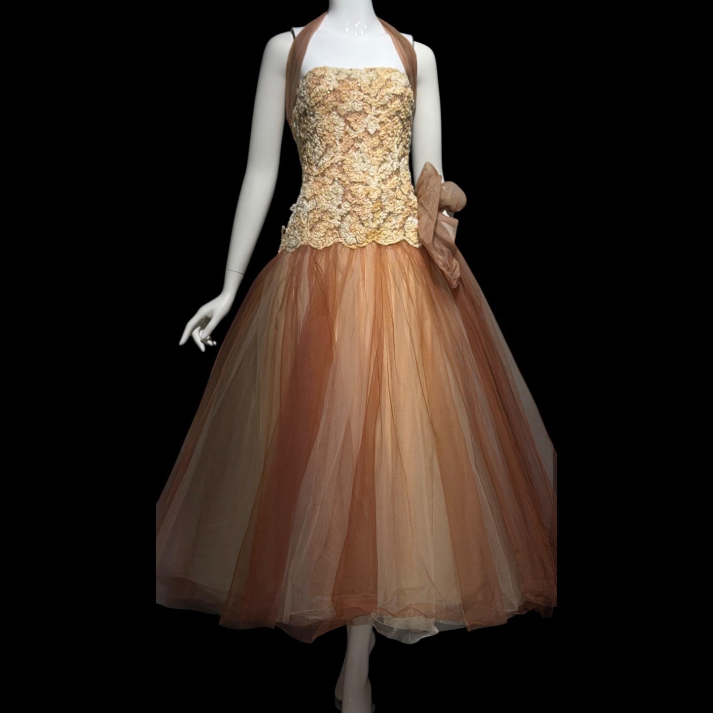 ANNE VERDI Vintage 1950s Designer evening tulle gown, Mocha Lace Cocktail Party Cupcake dress, medium