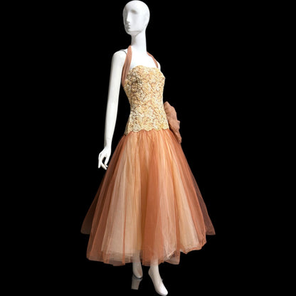 ANNE VERDI Vintage 1950s Designer evening tulle gown, Mocha Lace Cocktail Party Cupcake dress, medium