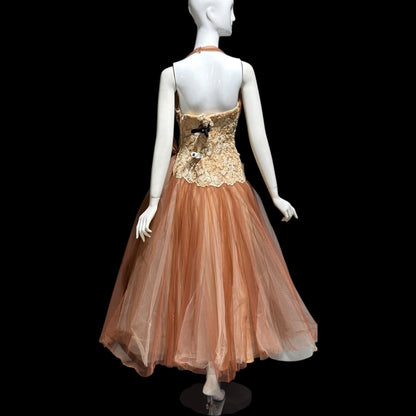 ANNE VERDI Vintage 1950s Designer evening tulle gown, Mocha Lace Cocktail Party Cupcake dress, medium