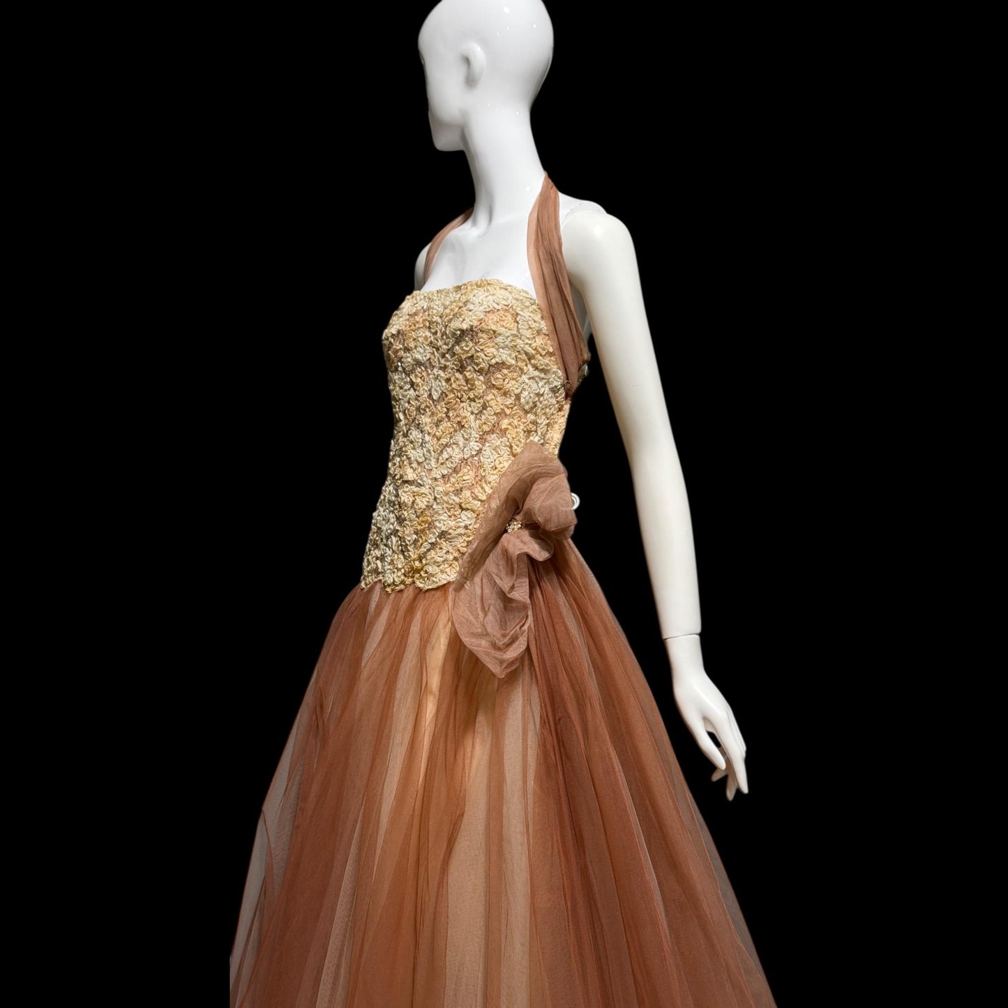 ANNE VERDI Vintage 1950s Designer evening tulle gown, Mocha Lace Cocktail Party Cupcake dress, medium