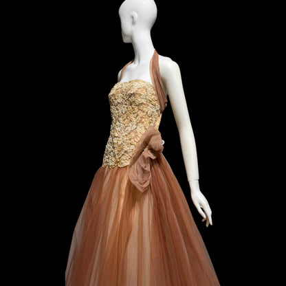 ANNE VERDI Vintage 1950s Designer evening tulle gown, Mocha Lace Cocktail Party Cupcake dress, medium