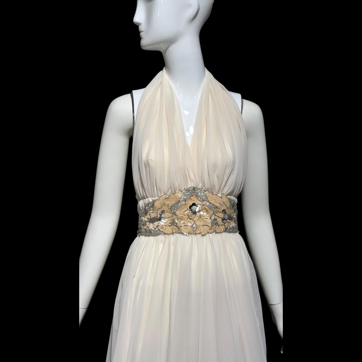 1980s vintage white chiffon dress, beaded cocktail wedding party halter dress