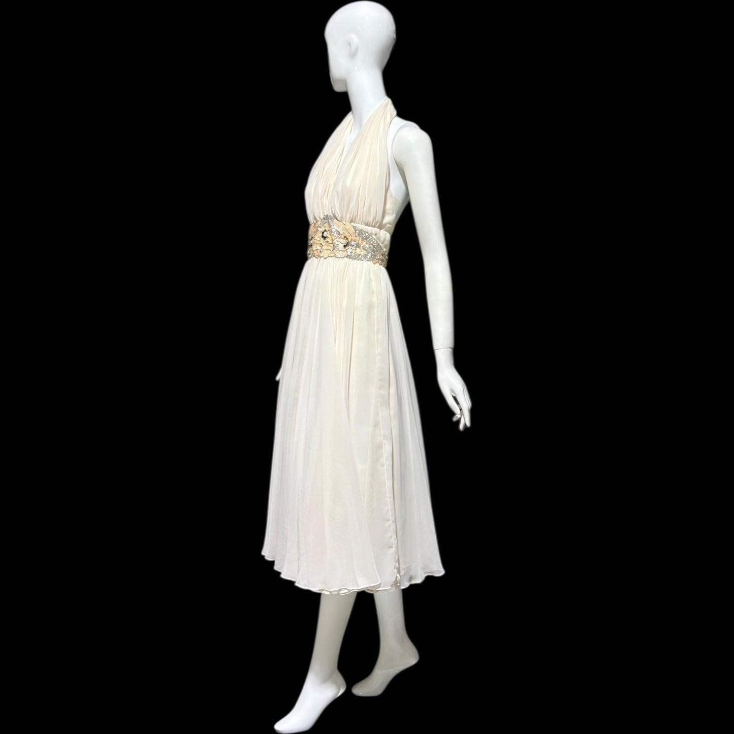 1980s vintage white chiffon dress, beaded cocktail wedding party halter dress