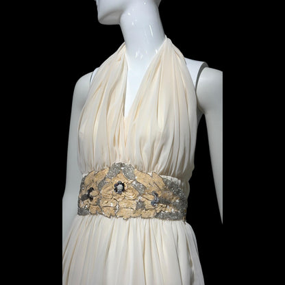 1980s vintage white chiffon dress, beaded cocktail wedding party halter dress