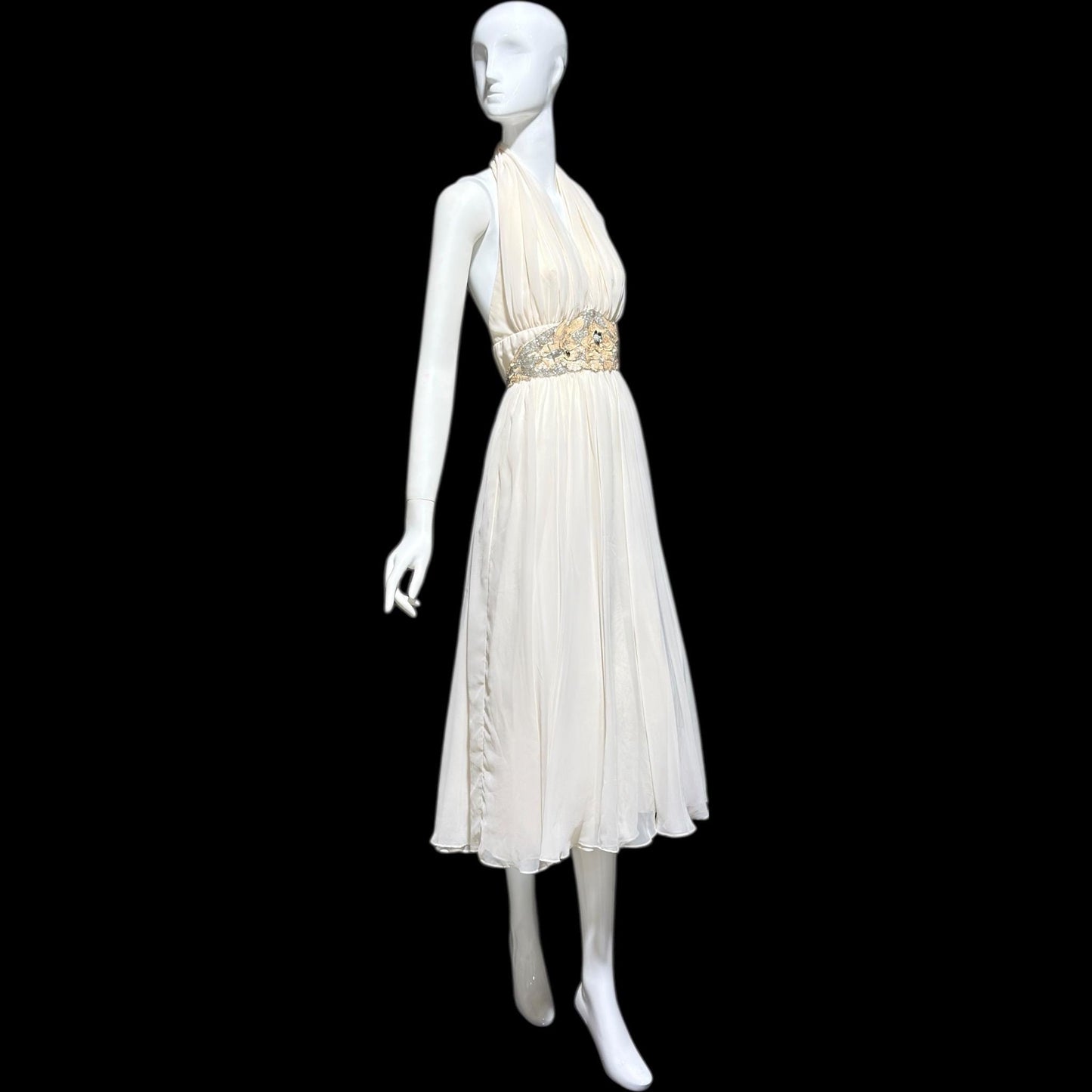 1980s vintage white chiffon dress, beaded cocktail wedding party halter dress