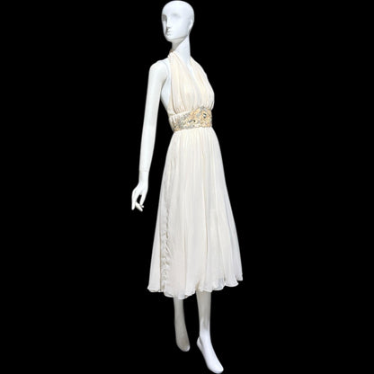 1980s vintage white chiffon dress, beaded cocktail wedding party halter dress