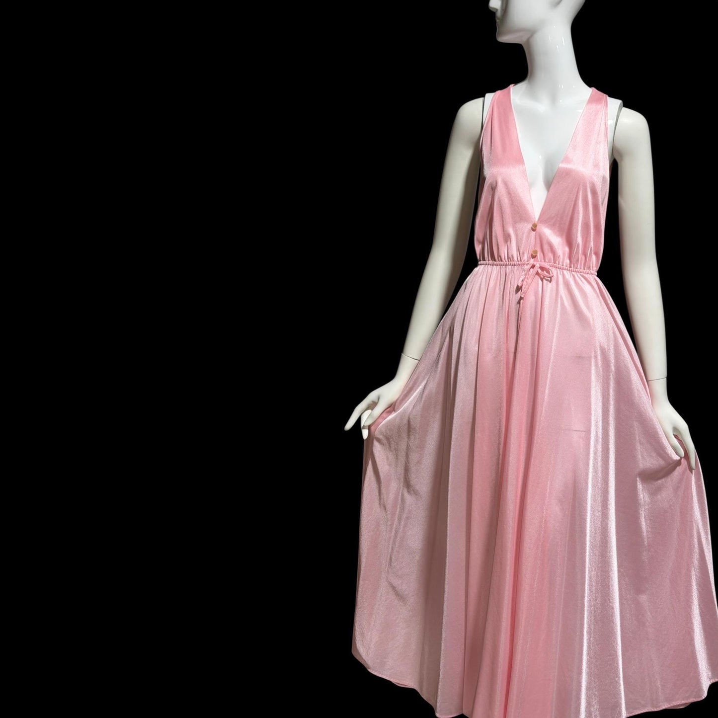 DREAM WEAR vintage nightgown slip dress, 1970s Petal Pink shimmering nylon Deep V lingerie dress