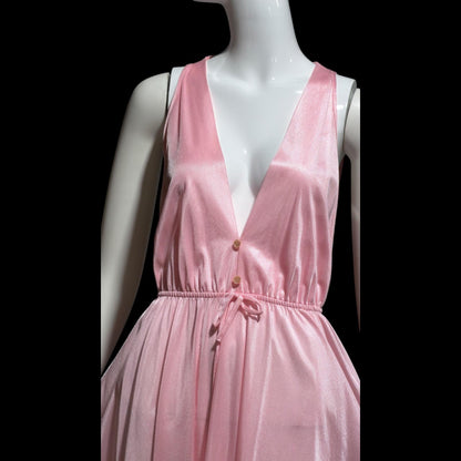 DREAM WEAR vintage nightgown slip dress, 1970s Petal Pink shimmering nylon Deep V lingerie dress