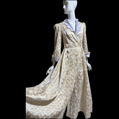 1940s Vintage Dressing Gown Robe, MORE Creamy White Quilted Satin Long Housecoat