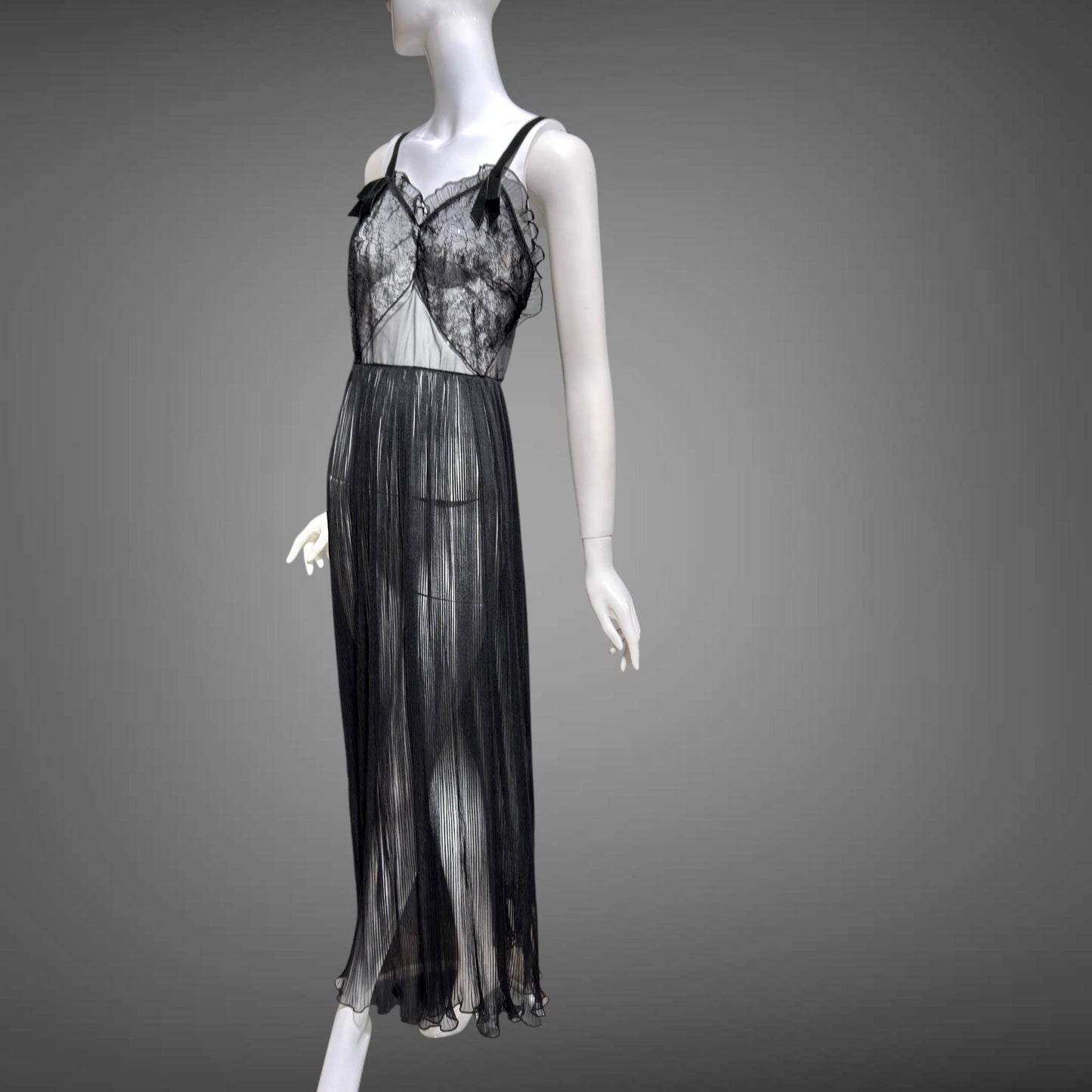 FAIRIE vintage 1950s Nightgown Slip Dress, sheer black nylon & lace full length lingerie dress