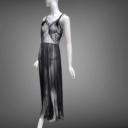 FAIRIE vintage 1950s Nightgown Slip Dress, sheer black nylon & lace full length lingerie dress