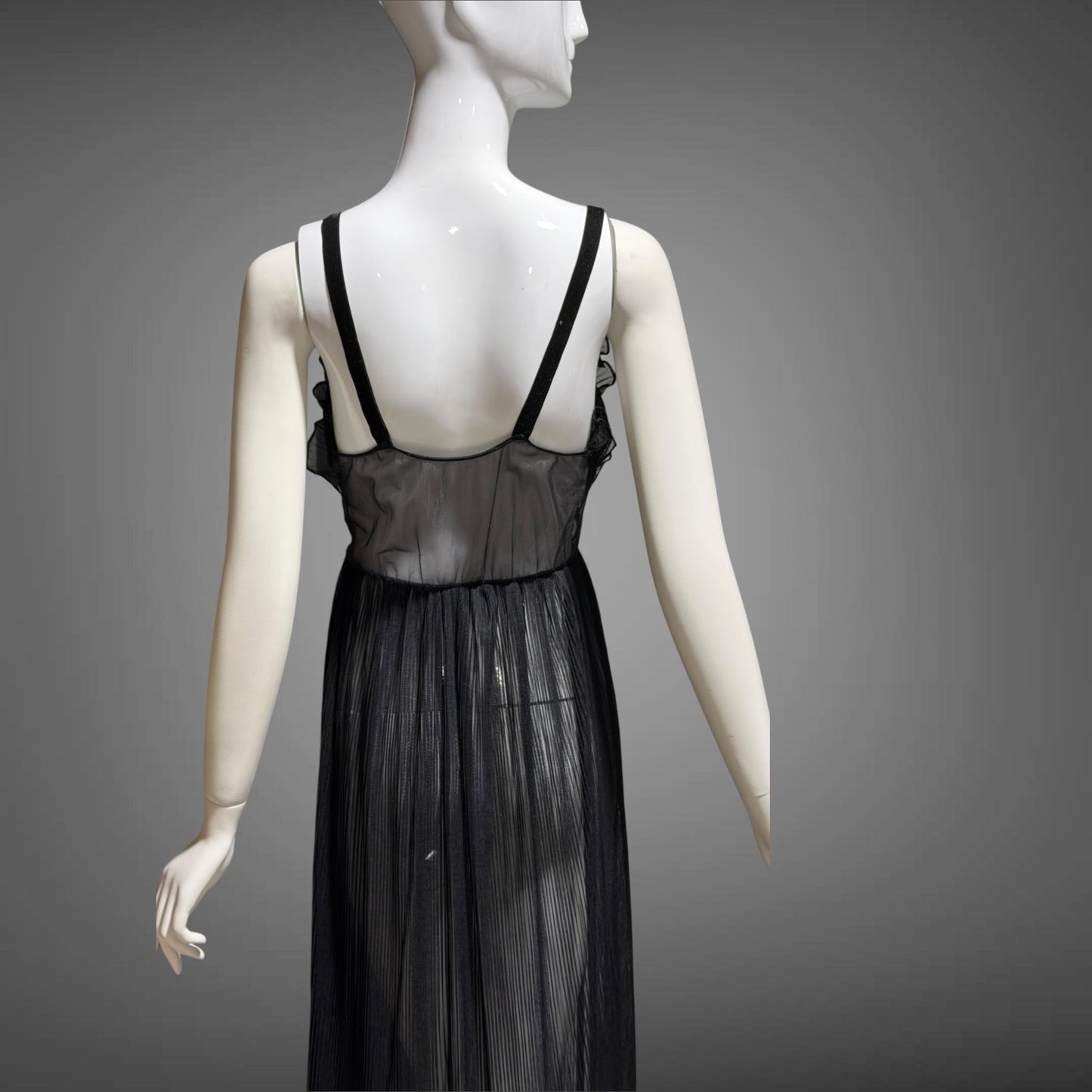 FAIRIE vintage 1950s Nightgown Slip Dress, sheer black nylon & lace full length lingerie dress