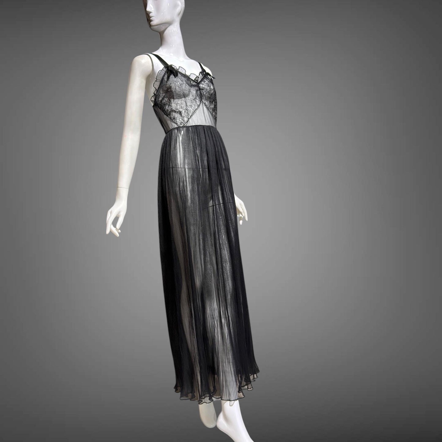 FAIRIE vintage 1950s Nightgown Slip Dress, sheer black nylon & lace full length lingerie dress