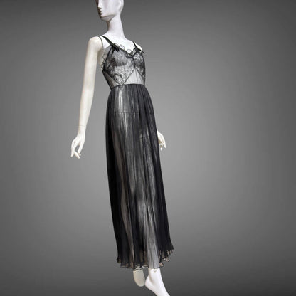 FAIRIE vintage 1950s Nightgown Slip Dress, sheer black nylon & lace full length lingerie dress