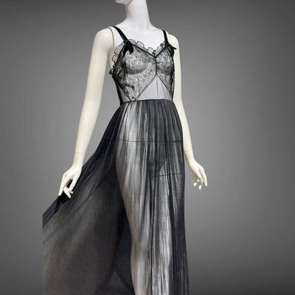 FAIRIE vintage 1950s Nightgown Slip Dress, sheer black nylon & lace full length lingerie dress