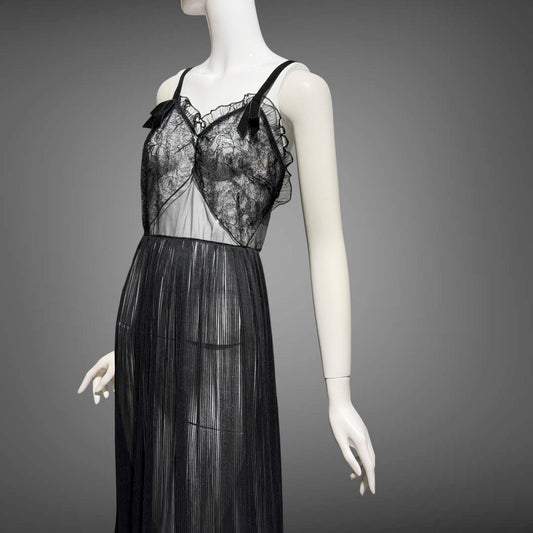 FAIRIE vintage 1950s Nightgown Slip Dress, sheer black nylon & lace full length lingerie dress