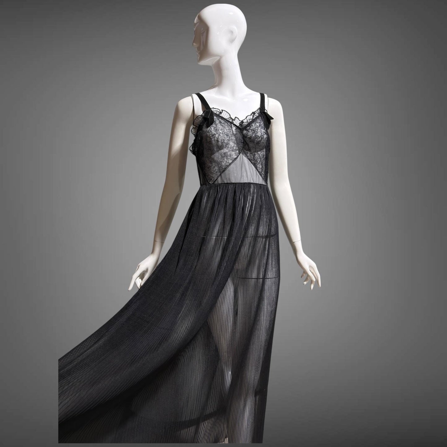 FAIRIE vintage 1950s Nightgown Slip Dress, sheer black nylon & lace full length lingerie dress
