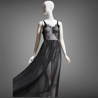 FAIRIE vintage 1950s Nightgown Slip Dress, sheer black nylon & lace full length lingerie dress