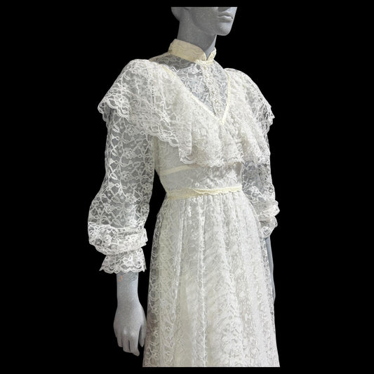 1970s vintage Wedding dress gown, White Lace Prairie Dress, Gunne Vibes, ruffle collar high neck