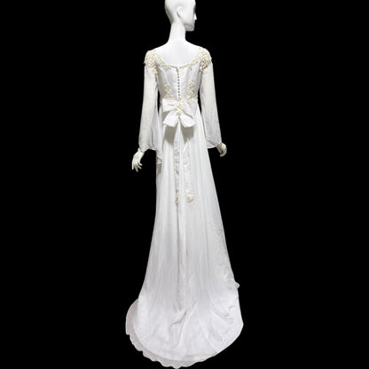 EDEN Bridals, vintage 1970s Wedding dress gown, White bell sleeve gown, Hippie Boho