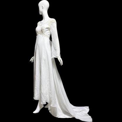 EDEN Bridals, vintage 1970s Wedding dress gown, White bell sleeve gown, Hippie Boho