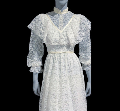 1970s vintage Wedding dress gown, White Lace Prairie Dress, Gunne Vibes, ruffle collar high neck