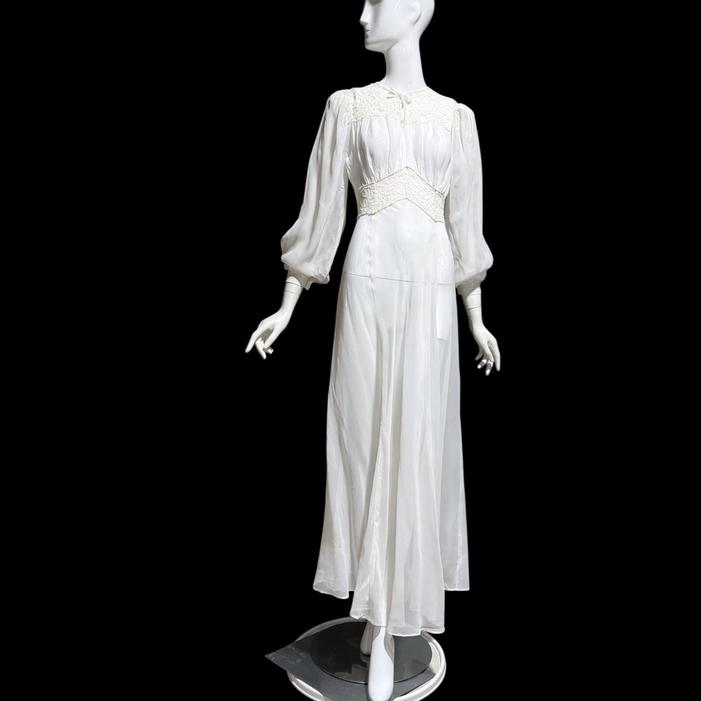 1940s vintage wedding bridal dress, Sheer white Long Sleeve fit flare full length gown