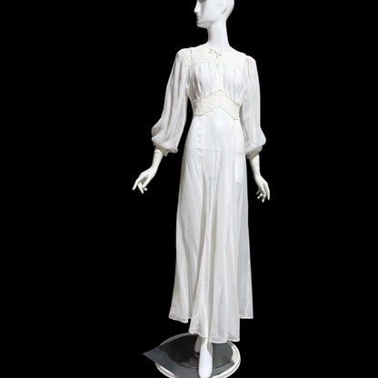 1940s vintage wedding bridal dress, Sheer white Long Sleeve fit flare full length gown