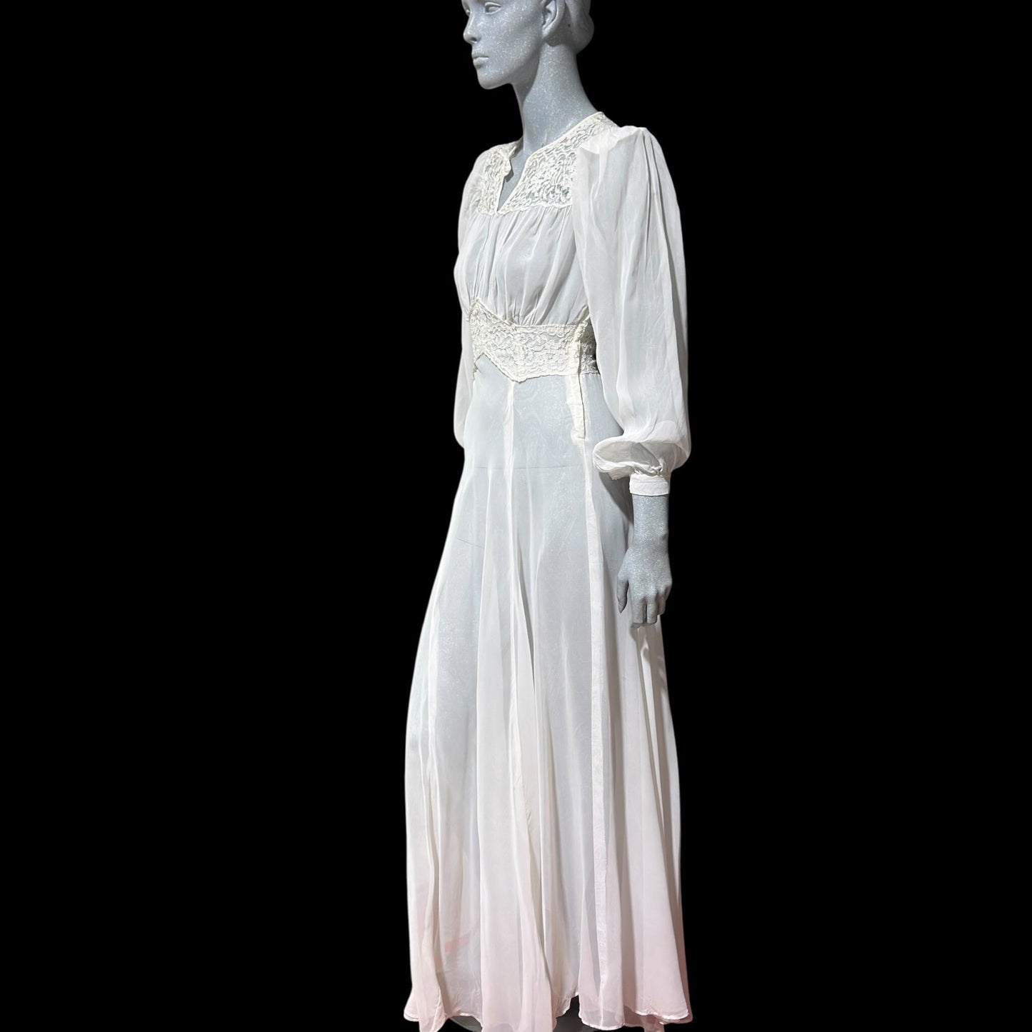1940s vintage wedding bridal dress, Sheer white Long Sleeve fit flare full length gown