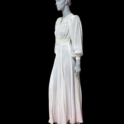 1940s vintage wedding bridal dress, Sheer white Long Sleeve fit flare full length gown