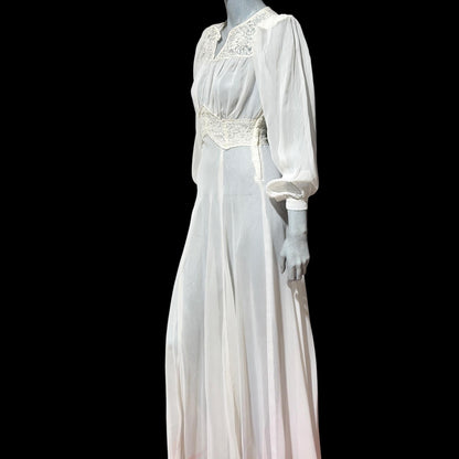 1940s vintage wedding bridal dress, Sheer white Long Sleeve fit flare full length gown