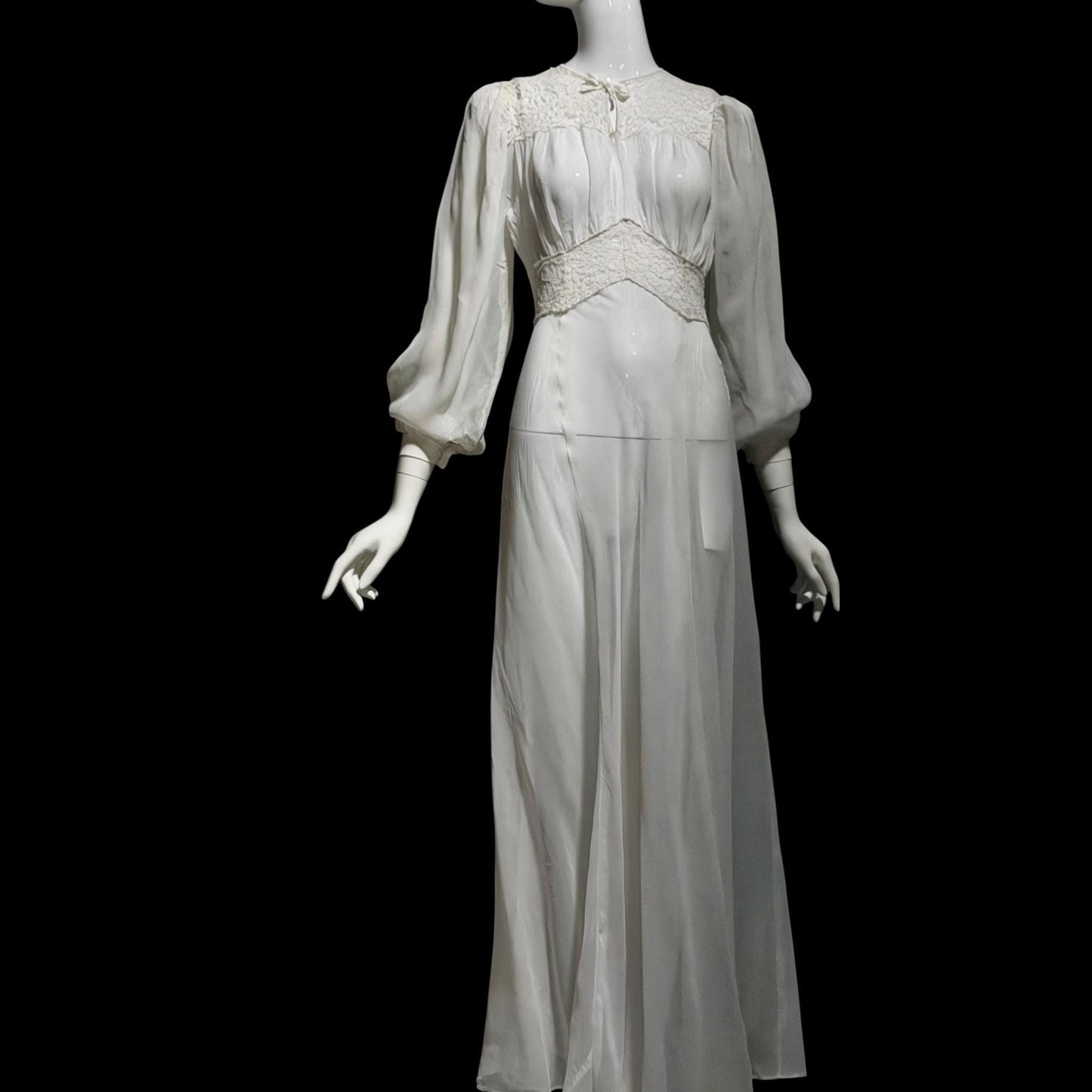 1940s vintage wedding bridal dress, Sheer white Long Sleeve fit flare full length gown