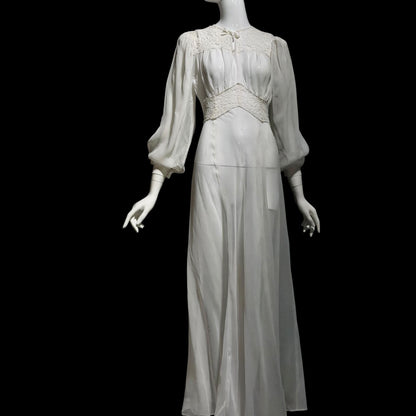 1940s vintage wedding bridal dress, Sheer white Long Sleeve fit flare full length gown