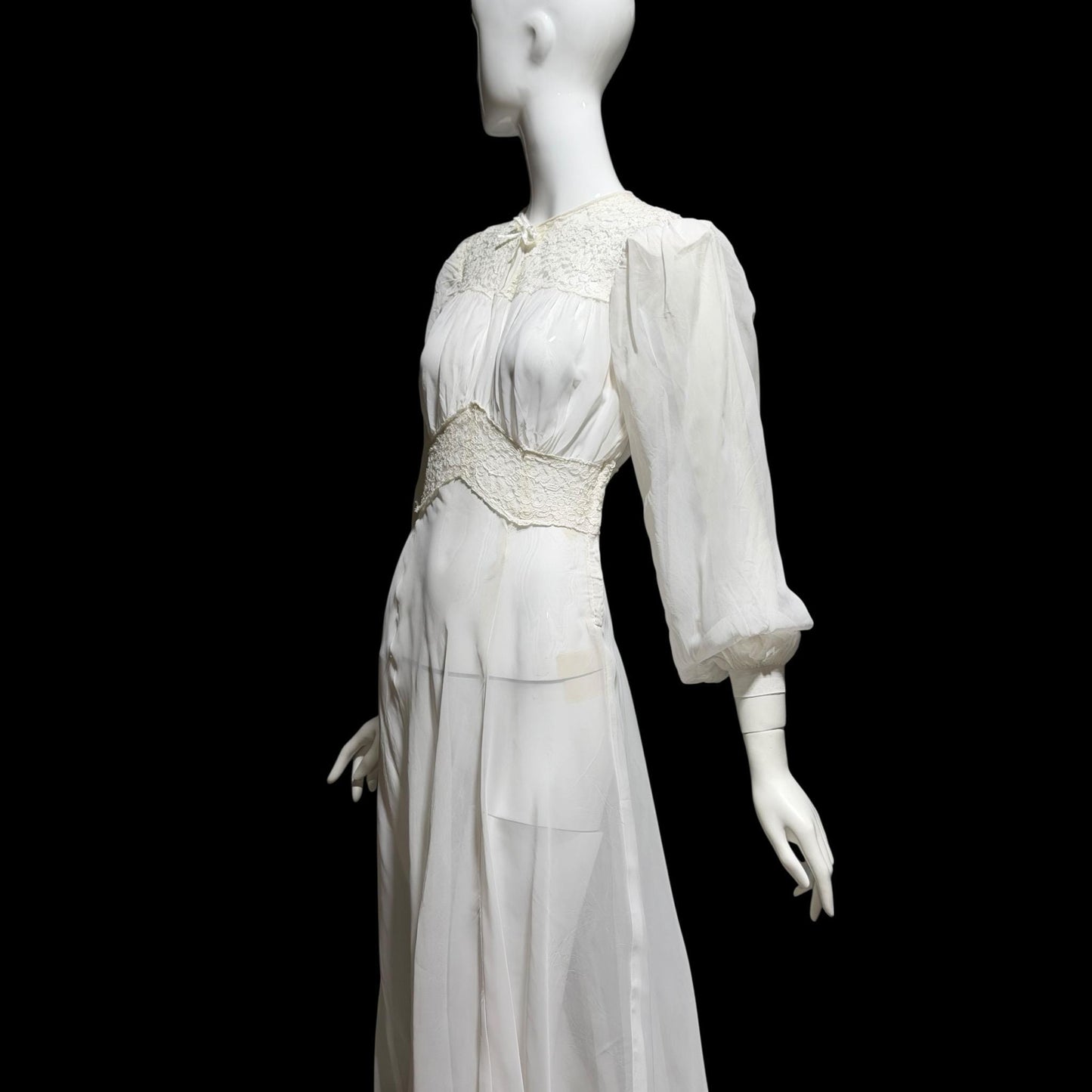 1940s vintage wedding bridal dress, Sheer white Long Sleeve fit flare full length gown