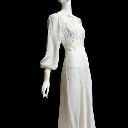 1940s vintage wedding bridal dress, Sheer white Long Sleeve fit flare full length gown