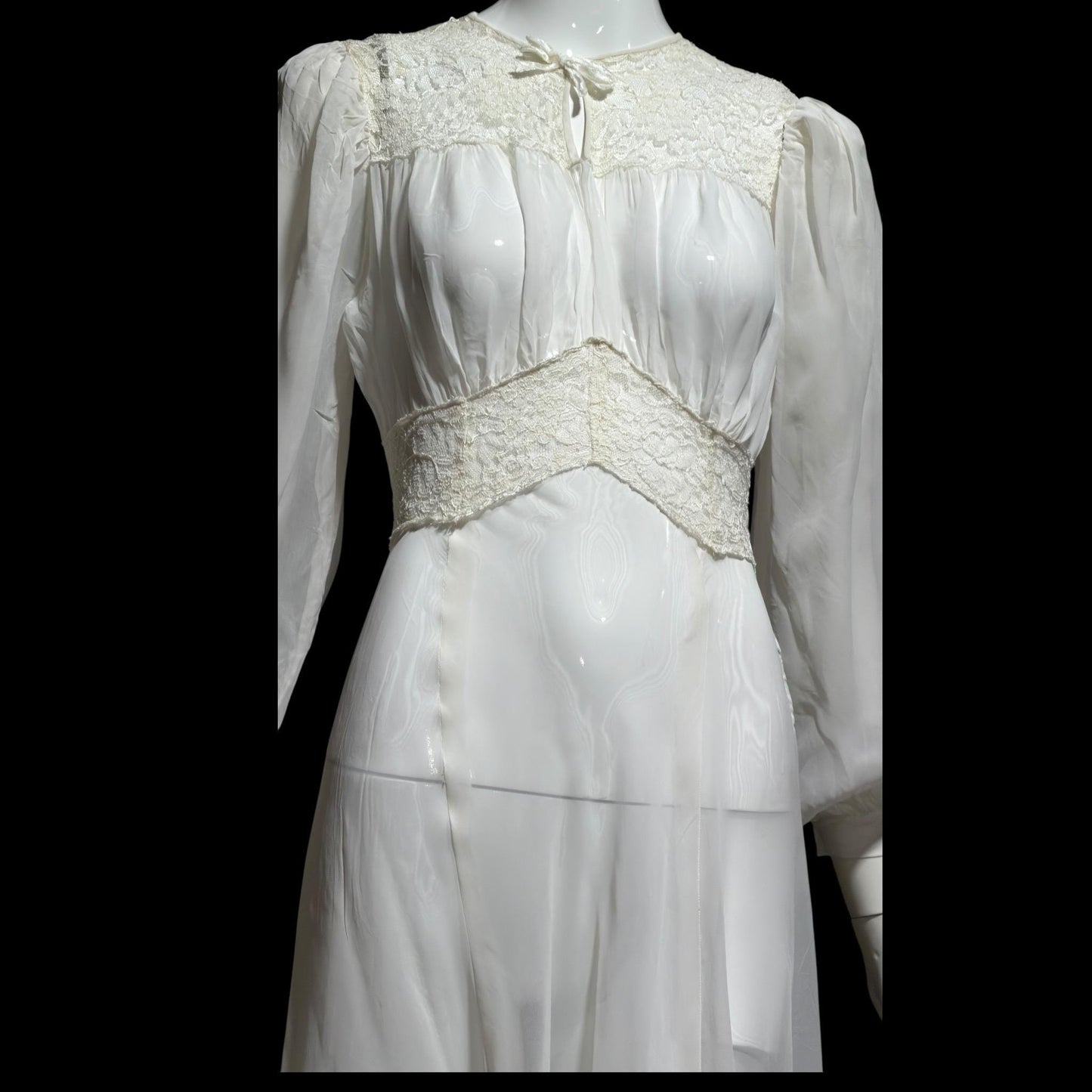 1940s vintage wedding bridal dress, Sheer white Long Sleeve fit flare full length gown