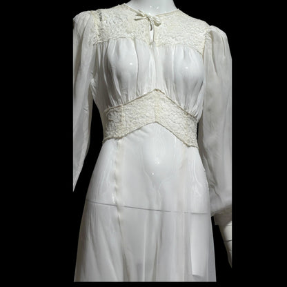 1940s vintage wedding bridal dress, Sheer white Long Sleeve fit flare full length gown
