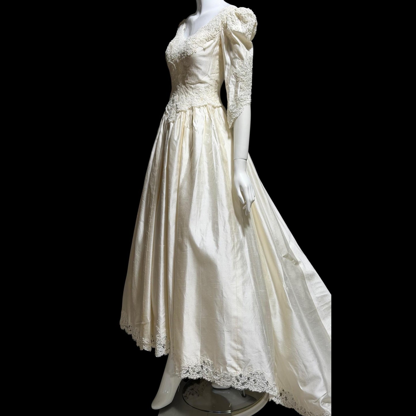 CHRISTOS Vintage 1980s wedding dress, custom white raw silk beaded basque waist gown